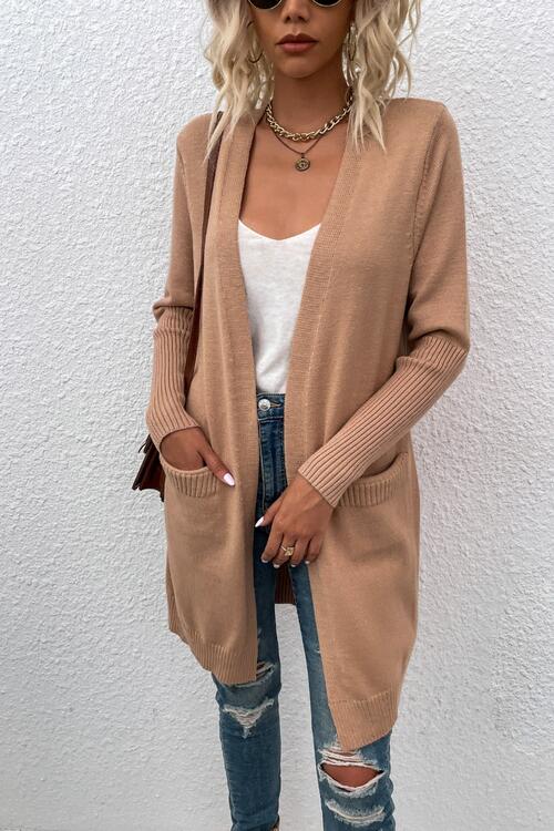 Open Front Long Sleeve Cardigan with Pockets - MegaSuperStar