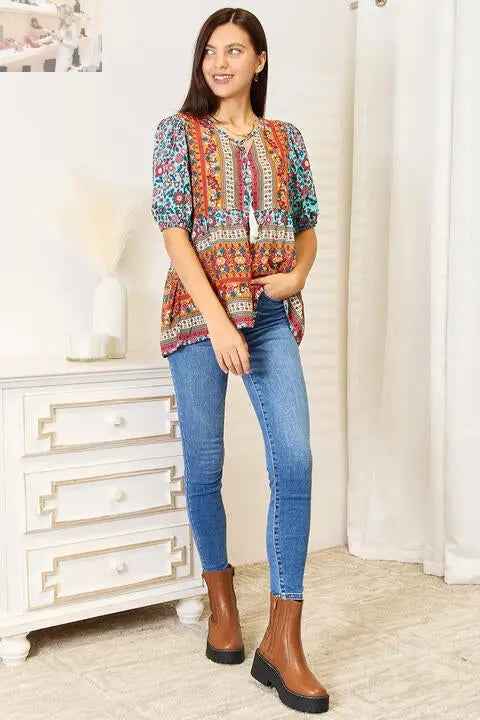 Double Take Bohemian Tassel Puff Sleeve Blouse with Tie and Babydoll Design - MegaSuperStar