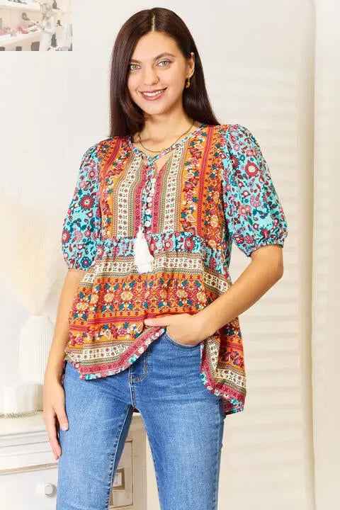 Double Take Bohemian Tassel Puff Sleeve Blouse with Tie and Babydoll Design - MegaSuperStar