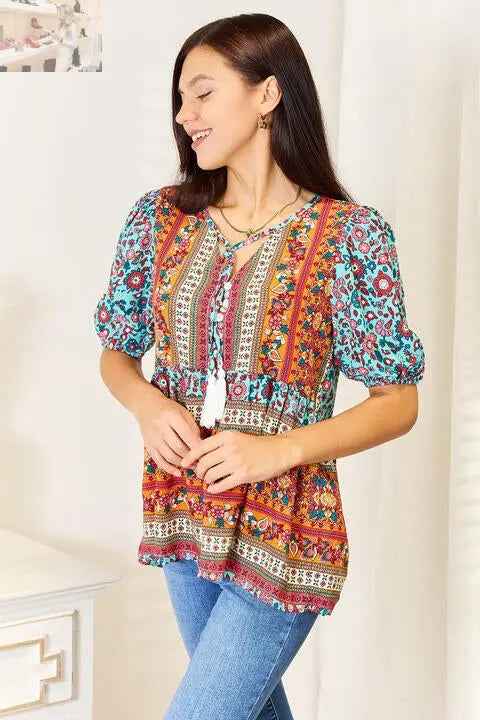 Double Take Bohemian Tassel Puff Sleeve Blouse with Tie and Babydoll Design - MegaSuperStar