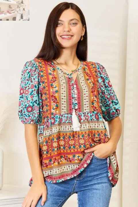 Double Take Bohemian Tassel Puff Sleeve Blouse with Tie and Babydoll Design
