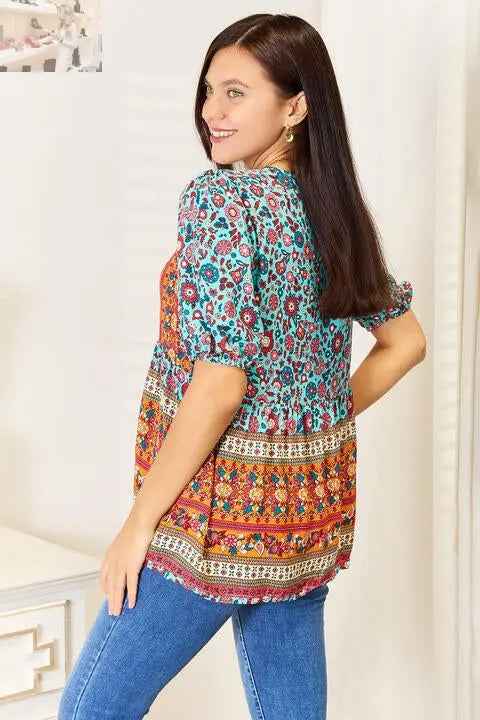 Customer styling 💕 Double Take Bohemian Tassel Puff Sleeve Blouse with Tie and Babydoll Design 💕