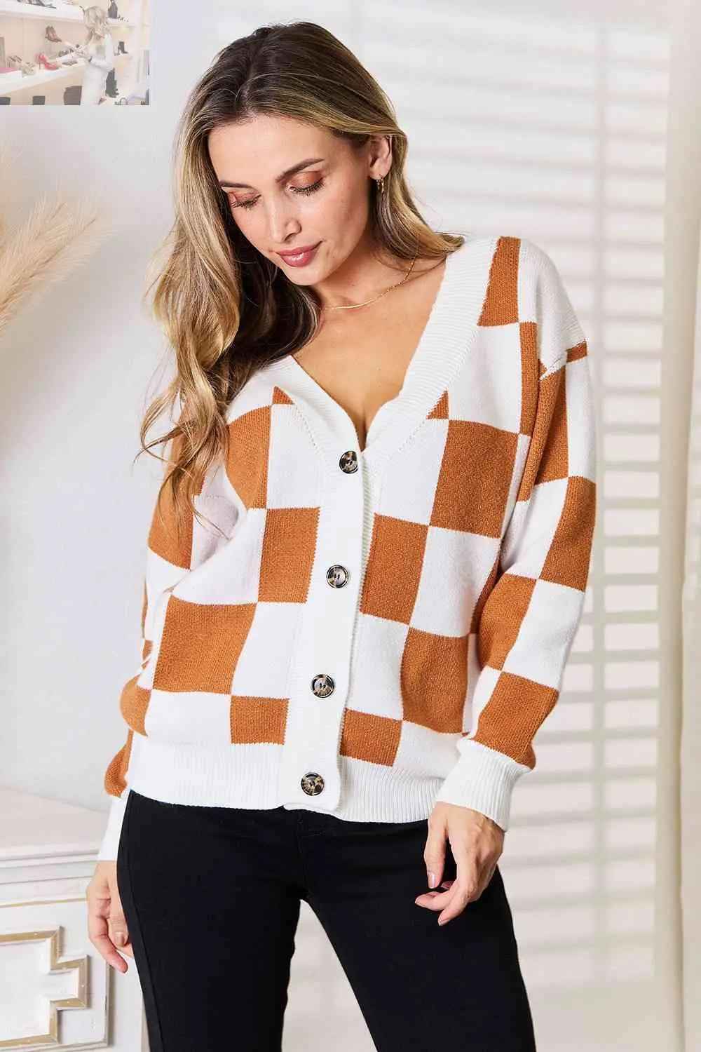 Double Take Cardigan - Button - Up V - Neck Dropped Shoulder Style - MegaSuperStar