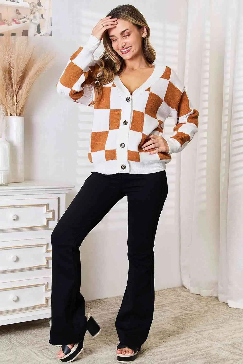 Double Take Cardigan - Button - Up V - Neck Dropped Shoulder Style - MegaSuperStar