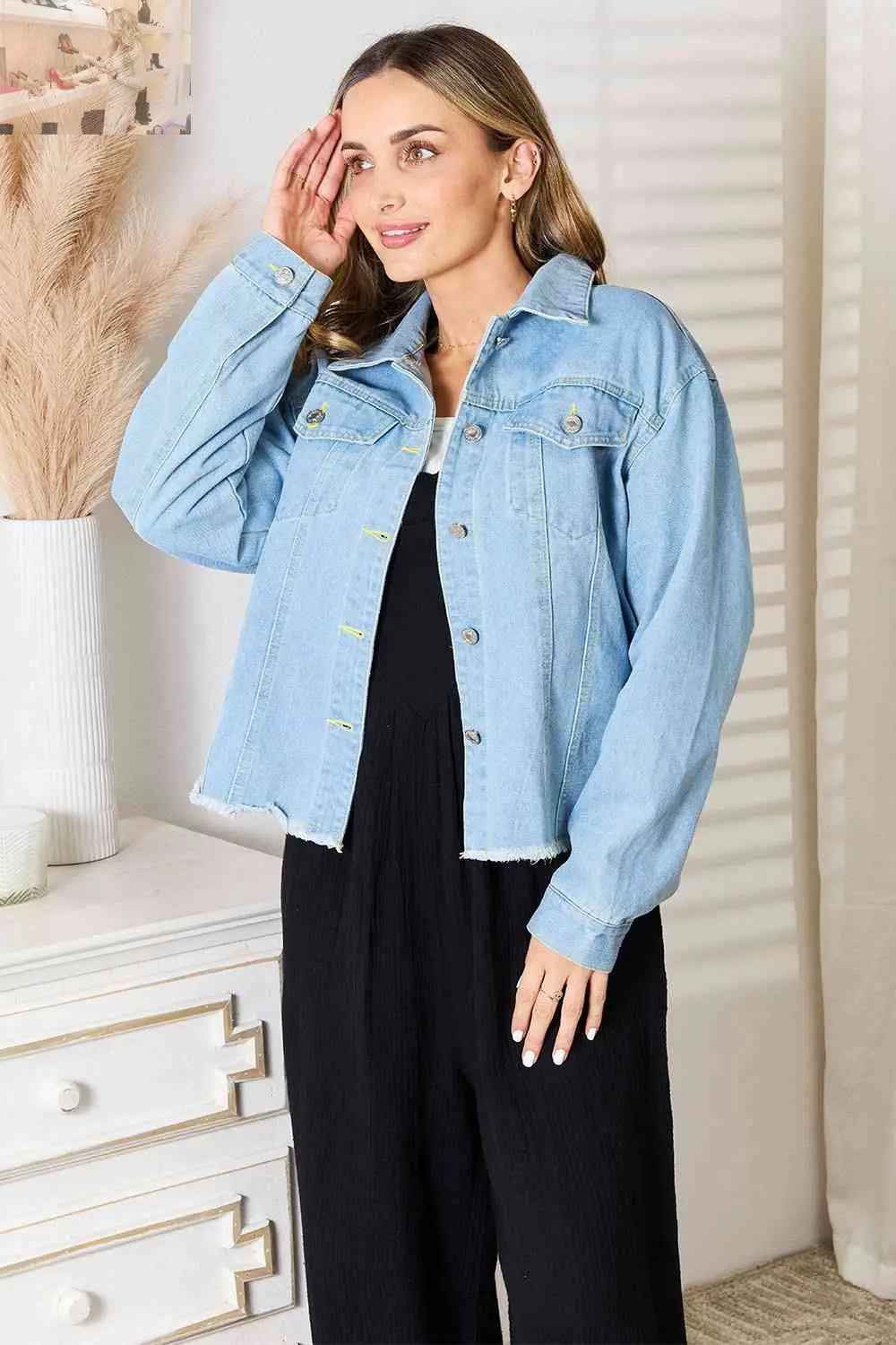 Double Take Dropped Shoulder Denim Jacket with Raw Hem - MegaSuperStar