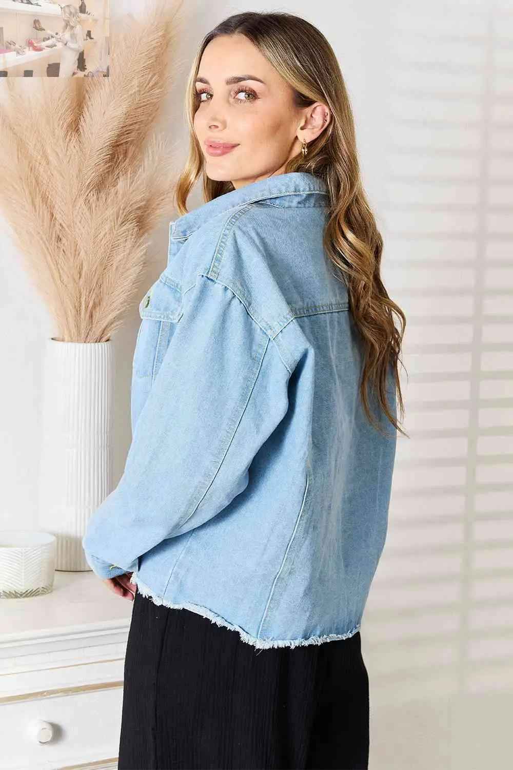 Double Take Dropped Shoulder Denim Jacket with Raw Hem - MegaSuperStar