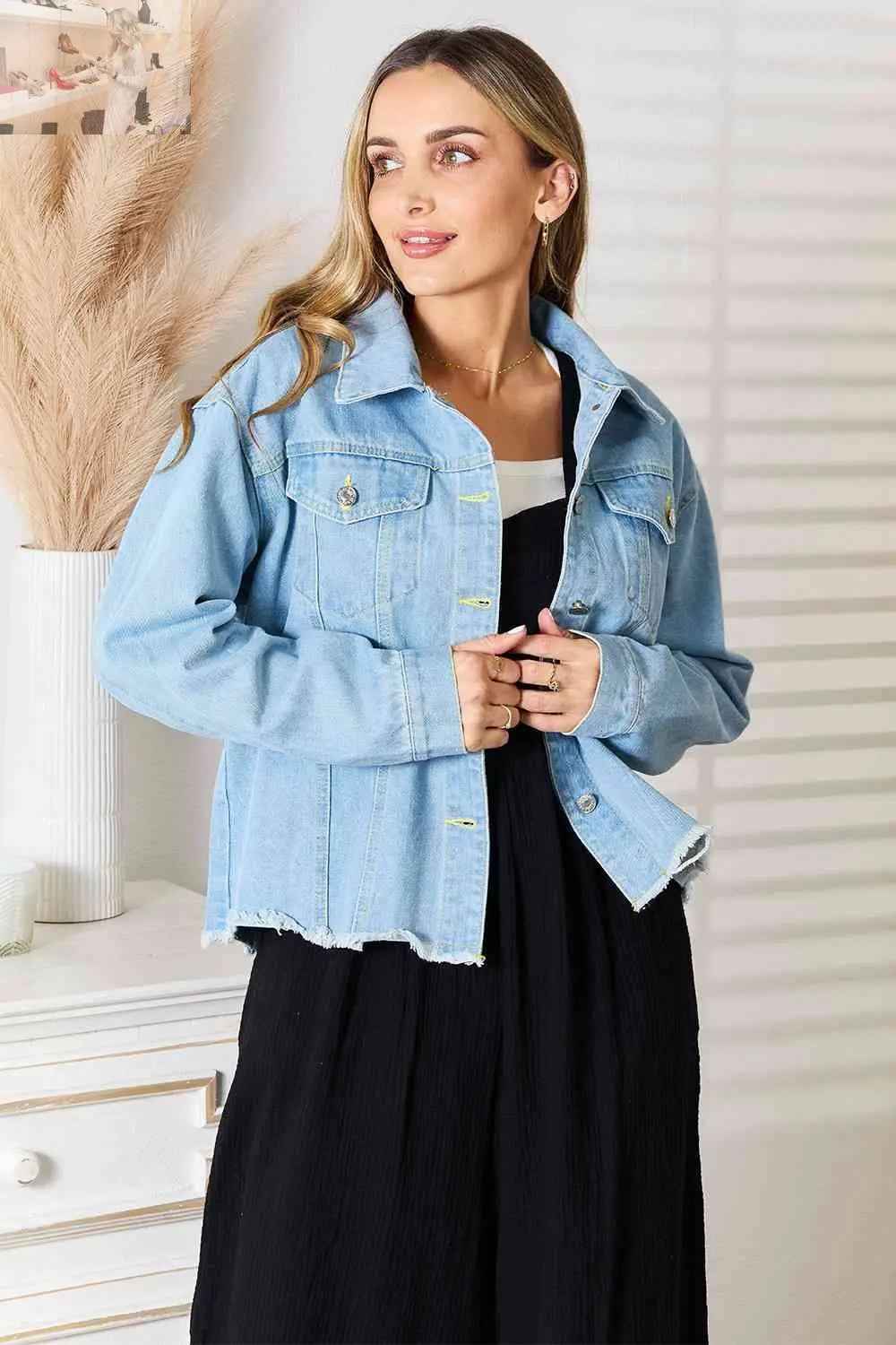Double Take Dropped Shoulder Denim Jacket with Raw Hem - MegaSuperStar