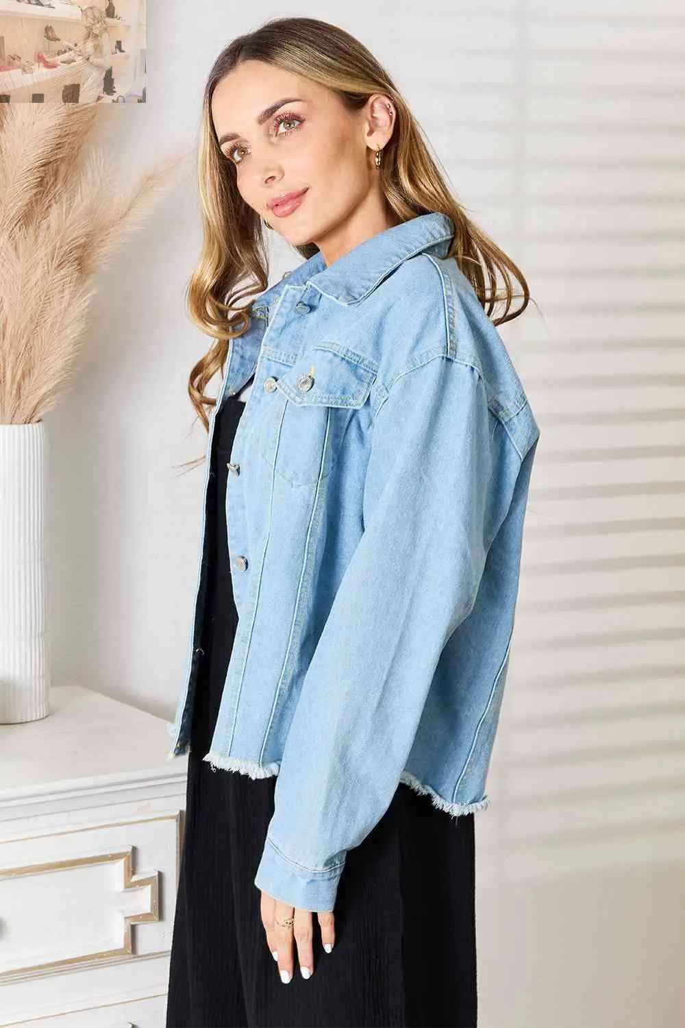Double Take Dropped Shoulder Denim Jacket with Raw Hem - MegaSuperStar
