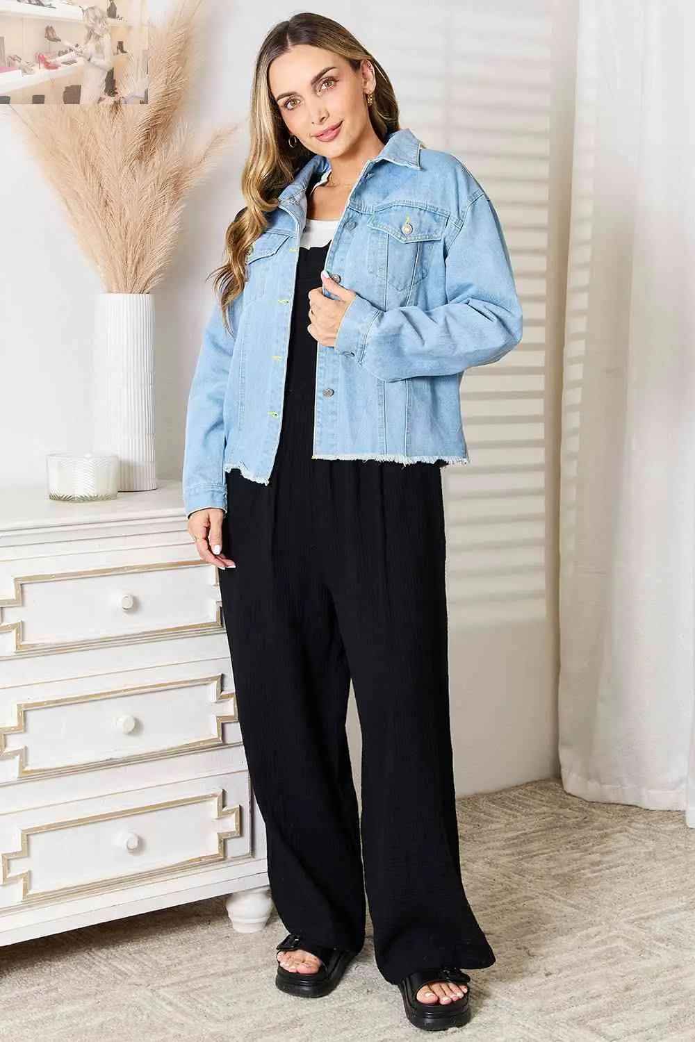 Double Take Dropped Shoulder Denim Jacket with Raw Hem - MegaSuperStar