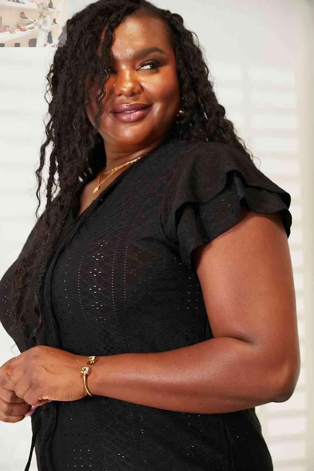 Double Take Flutter Sleeve Blouse with Eyelet Tie - Neck - MegaSuperStar