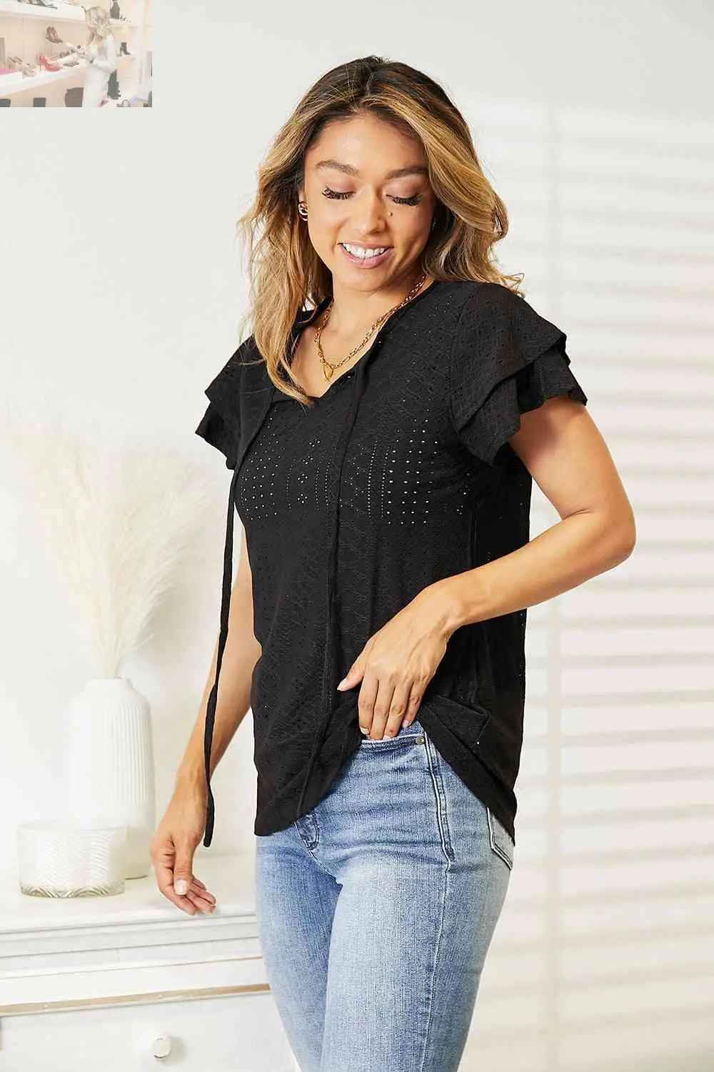 Double Take Flutter Sleeve Blouse with Eyelet Tie - Neck - MegaSuperStar