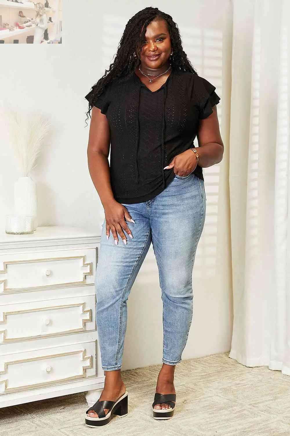 Double Take Flutter Sleeve Blouse with Eyelet Tie - Neck - MegaSuperStar