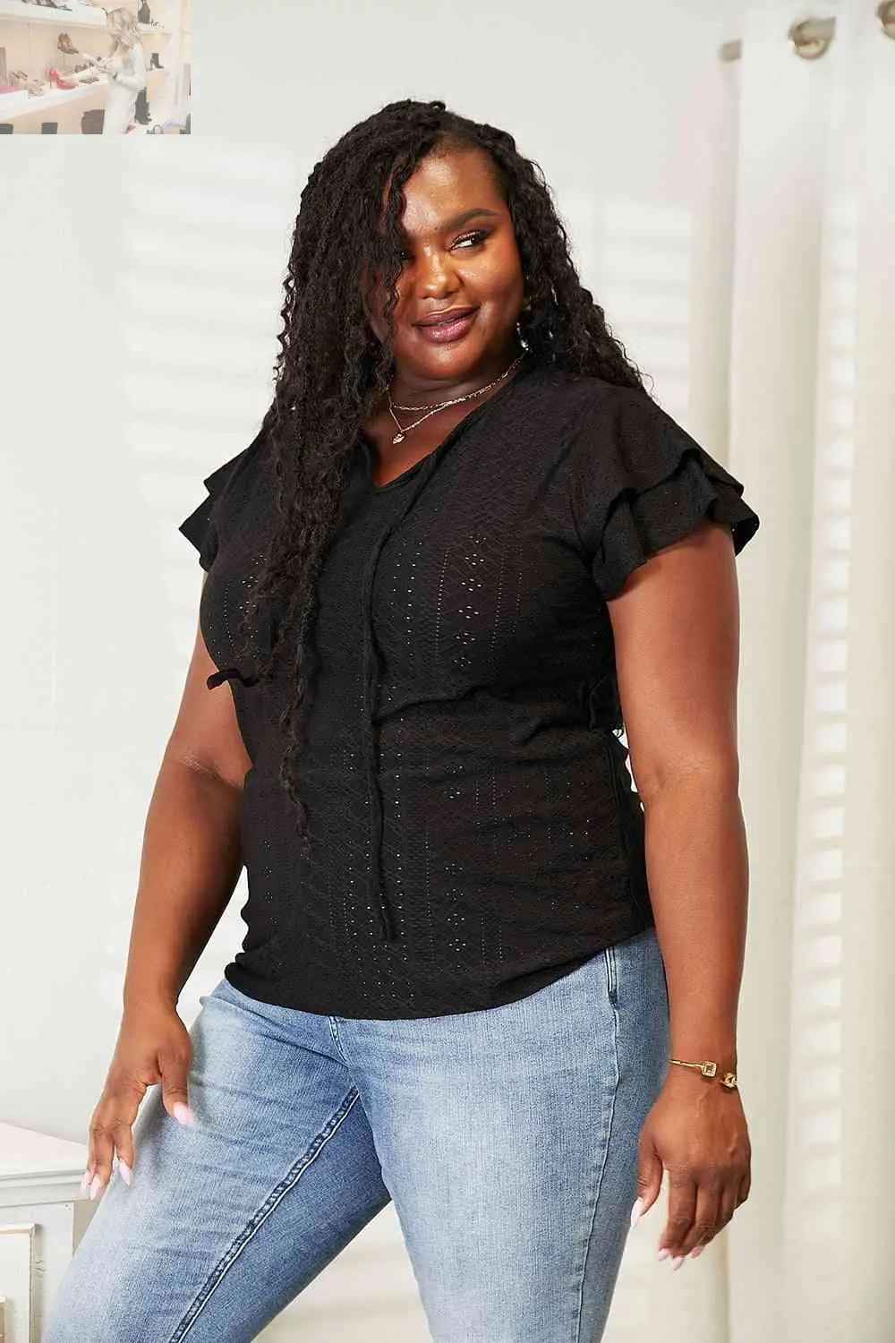 Double Take Flutter Sleeve Blouse with Eyelet Tie - Neck - MegaSuperStar