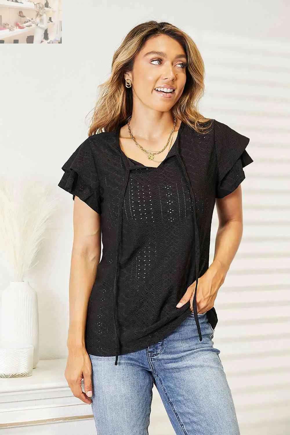 Double Take Flutter Sleeve Blouse with Eyelet Tie - Neck - MegaSuperStar