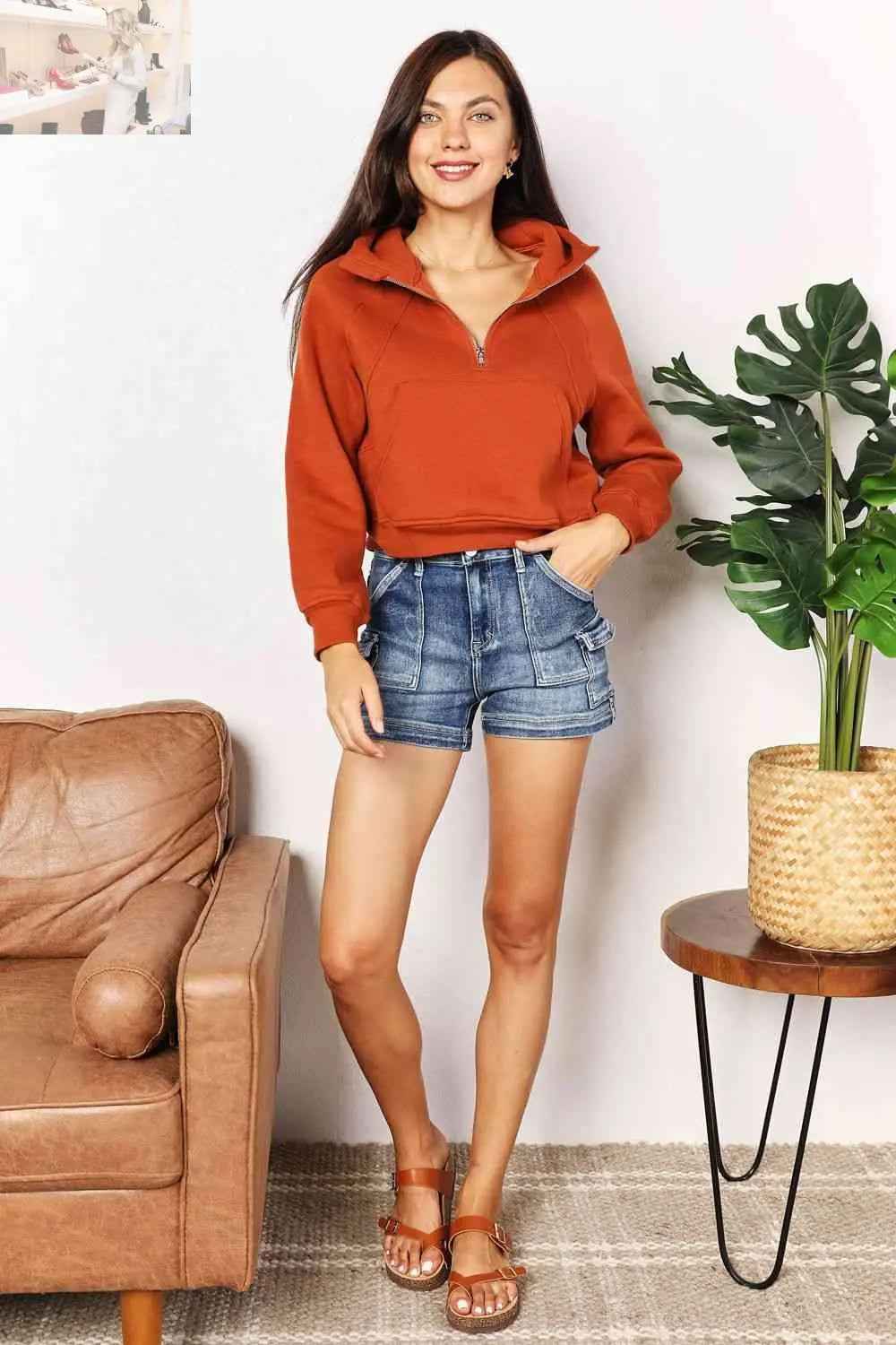 Double Take Hoodie: Half - Zip Long Sleeve for Ultimate Comfort and Style - MegaSuperStar