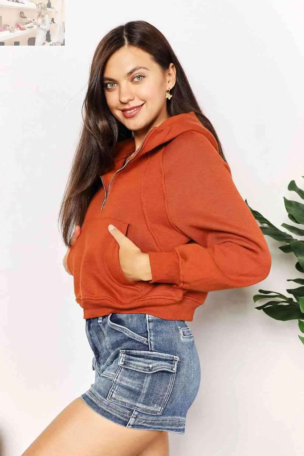 Double Take Hoodie: Half - Zip Long Sleeve for Ultimate Comfort and Style - MegaSuperStar