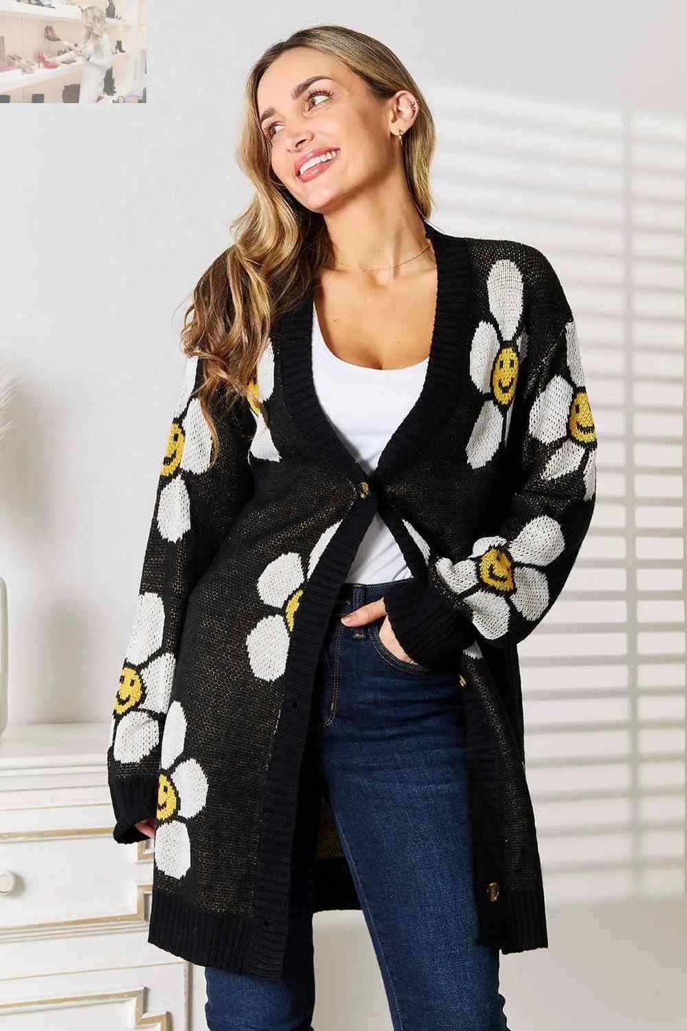 Double Take Longline Floral Cardigan - Stylish Button Down Layer - MegaSuperStar