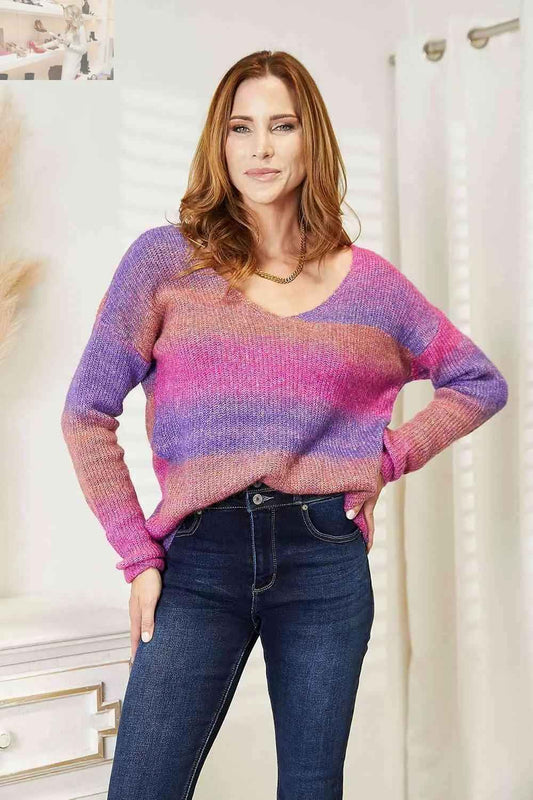 Double Take Multicolored Rib - Knit Pullover for Stylish Comfort - MegaSuperStar