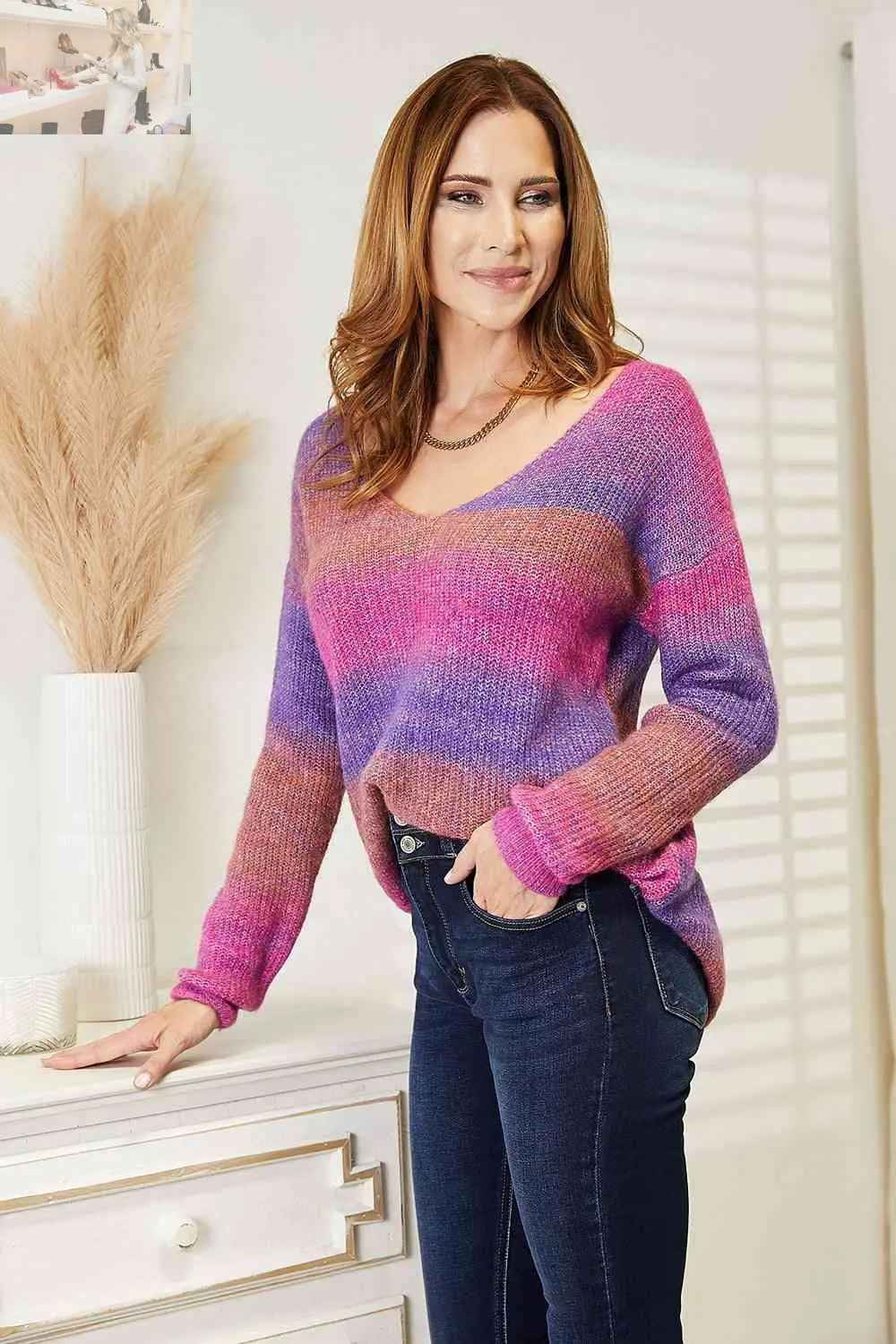 Double Take Multicolored Rib - Knit Pullover for Stylish Comfort - MegaSuperStar