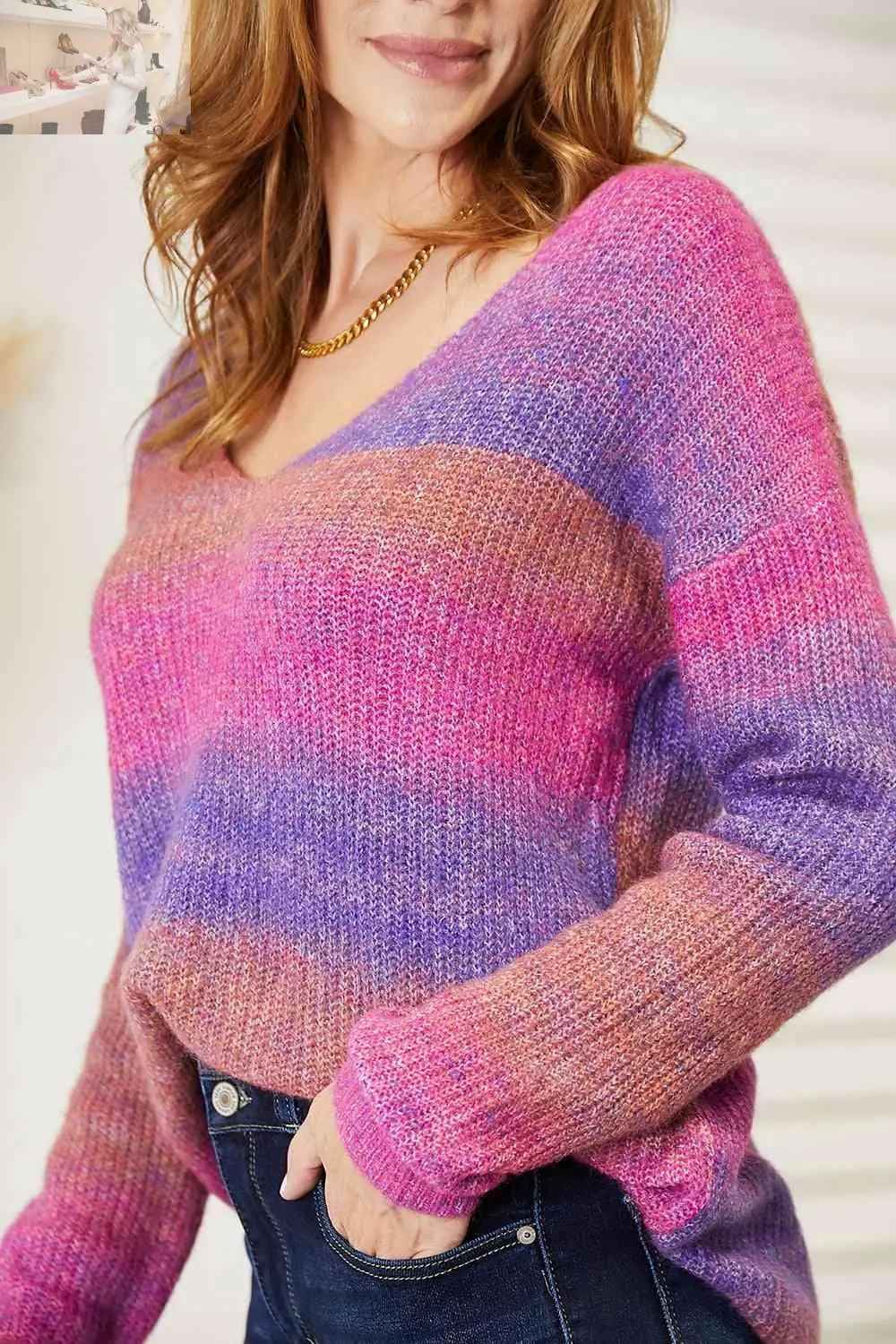 Double Take Multicolored Rib - Knit Pullover for Stylish Comfort - MegaSuperStar