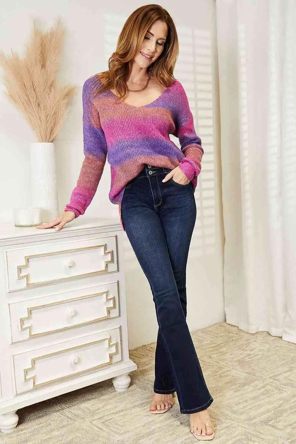 Double Take Multicolored Rib - Knit Pullover for Stylish Comfort - MegaSuperStar