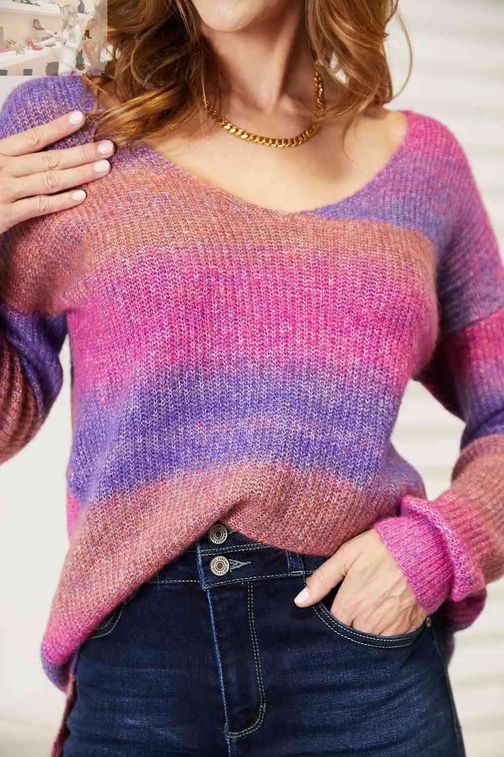 Double Take Multicolored Rib - Knit Pullover for Stylish Comfort - MegaSuperStar