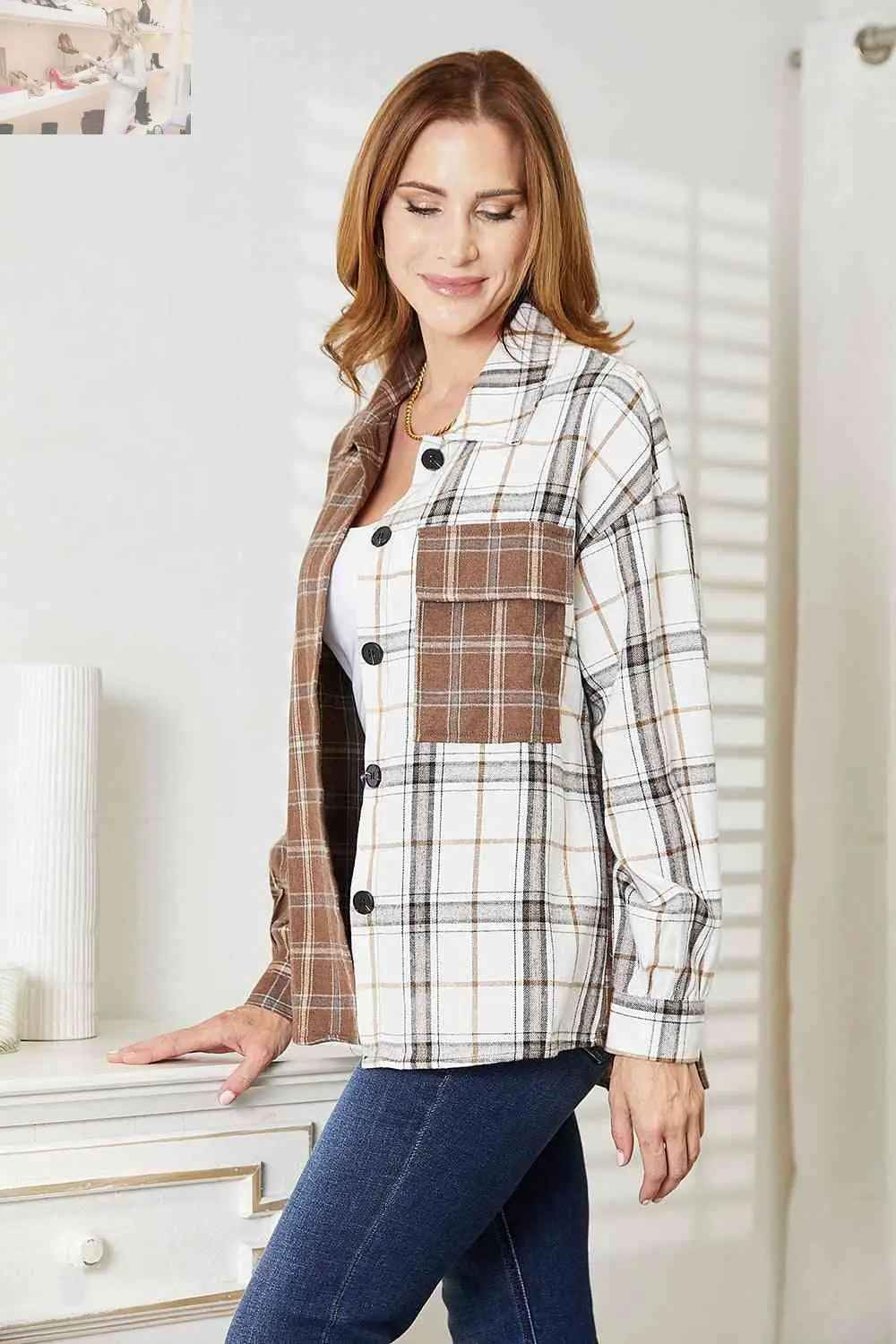 Double Take Plaid Button - Up Shirt Jacket - MegaSuperStar