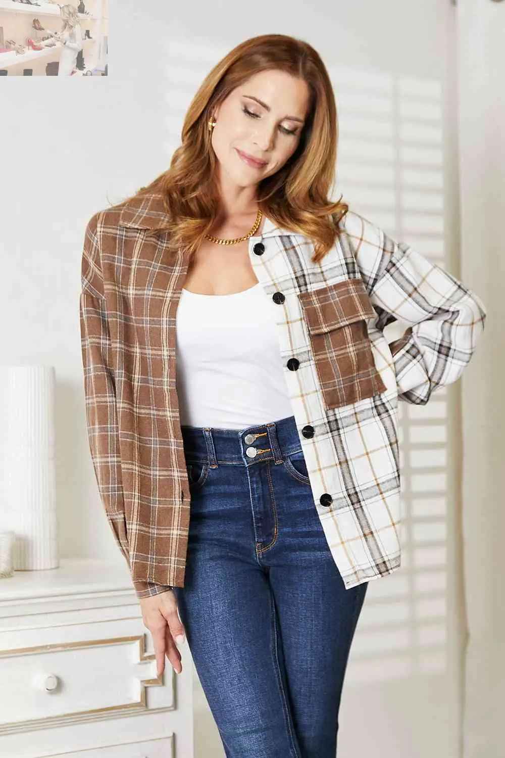 Double Take Plaid Button - Up Shirt Jacket - MegaSuperStar