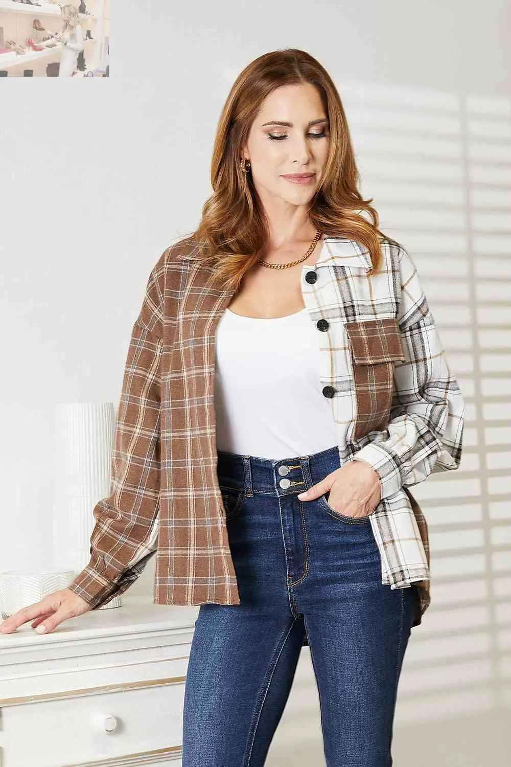 Double Take Plaid Button - Up Shirt Jacket - MegaSuperStar