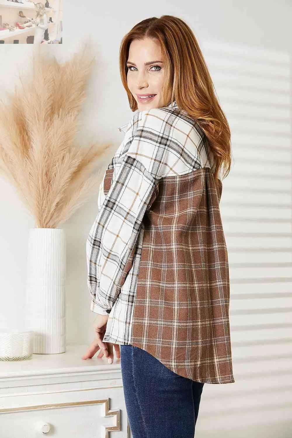 Double Take Plaid Button - Up Shirt Jacket - MegaSuperStar