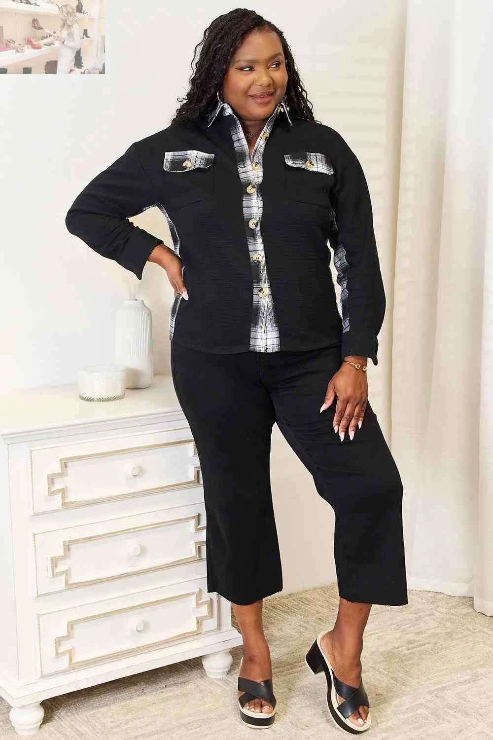 Double Take Plaid Collared Jacket with Dropped Shoulders - MegaSuperStar