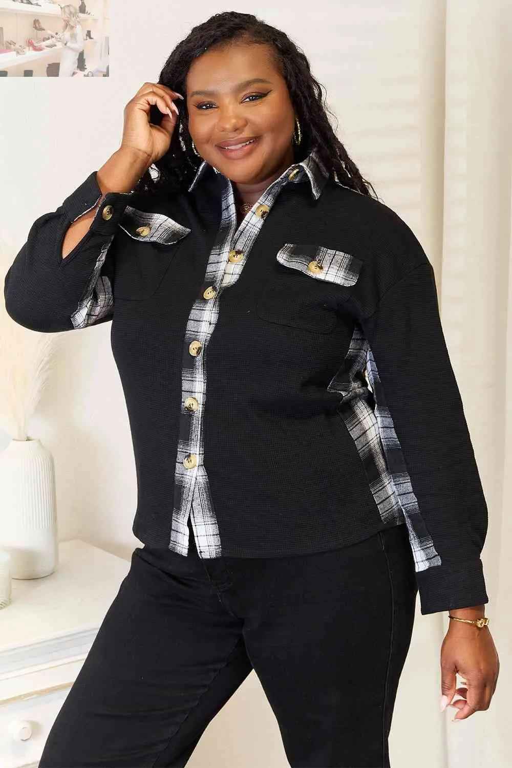 Double Take Plaid Collared Jacket with Dropped Shoulders - MegaSuperStar