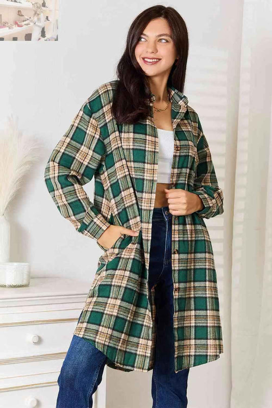 Double Take Plaid Collared Long Sleeve Shirt - MegaSuperStar