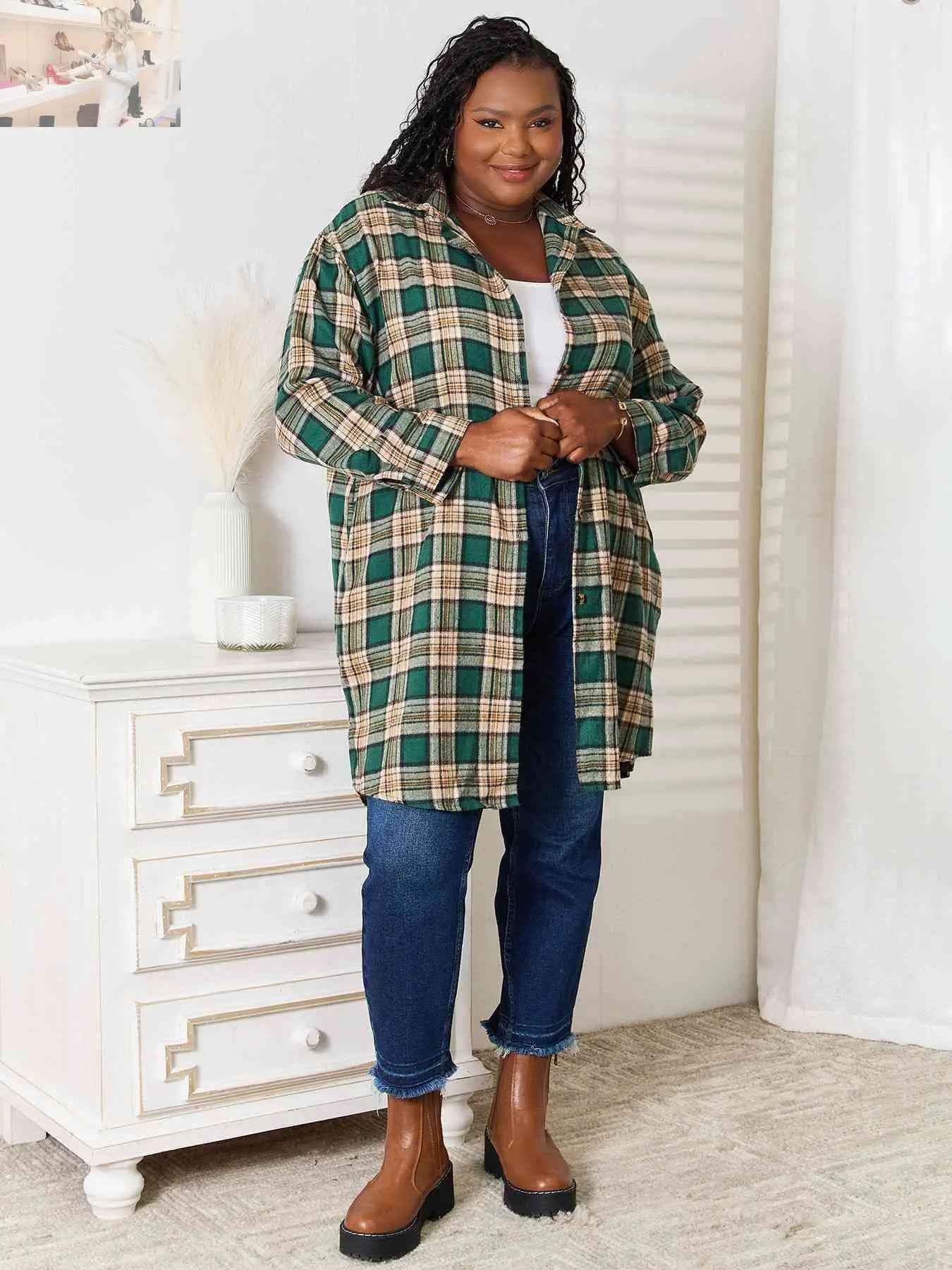 Double Take Plaid Collared Long Sleeve Shirt - MegaSuperStar