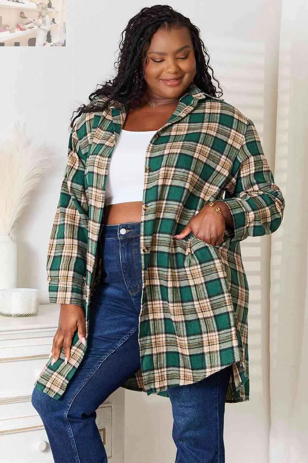 Double Take Plaid Collared Long Sleeve Shirt - MegaSuperStar