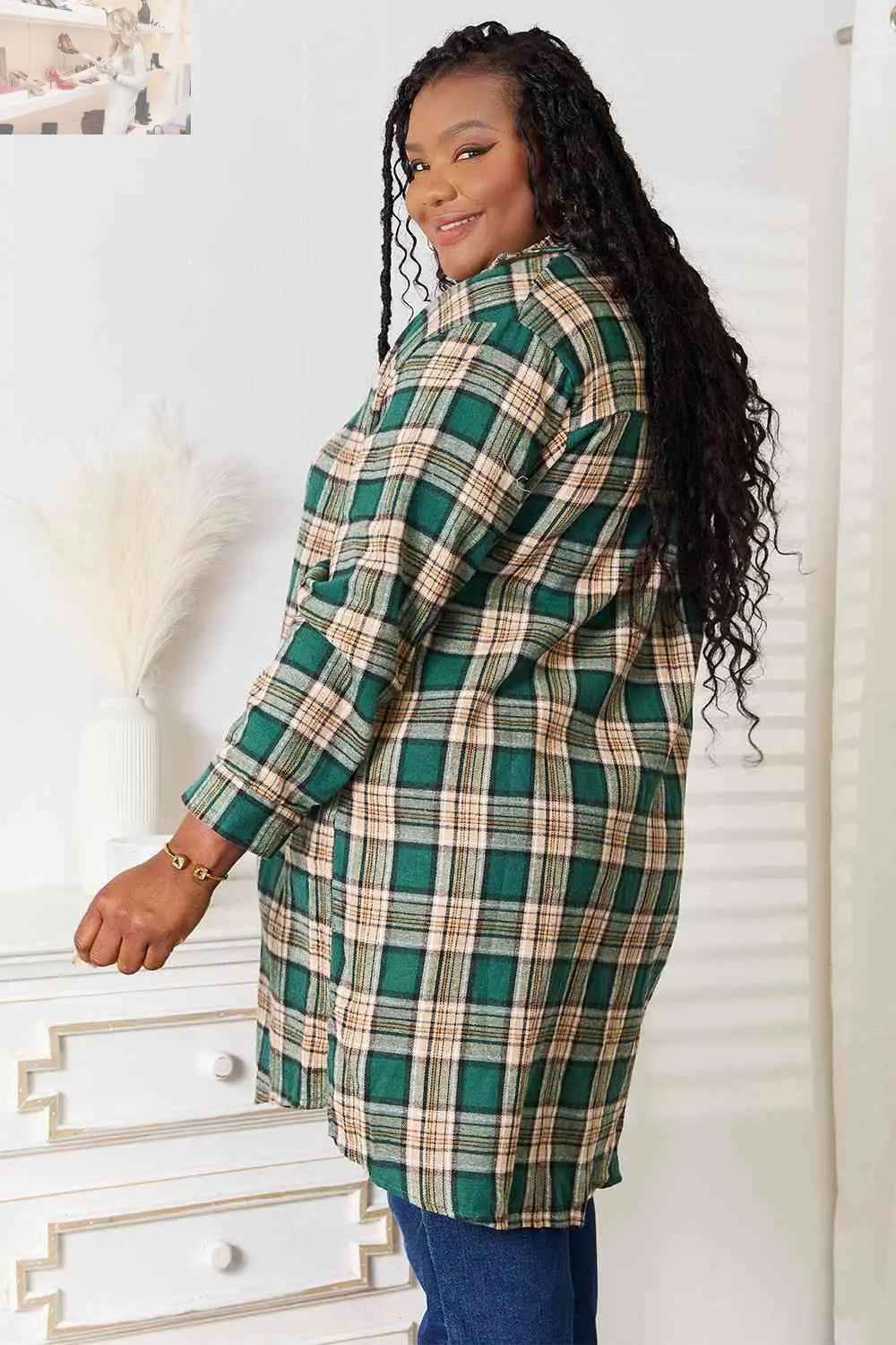 Double Take Plaid Collared Long Sleeve Shirt - MegaSuperStar