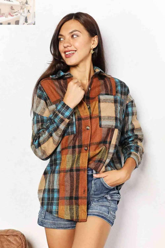 Double Take Plaid Curved Hem Shirt Jacket with Breast Pockets - MegaSuperStar