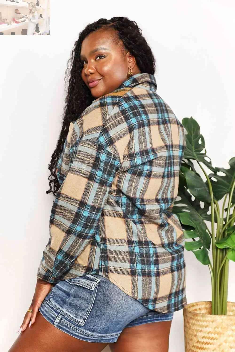 Double Take Plaid Curved Hem Shirt Jacket with Breast Pockets - MegaSuperStar