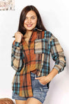 💕 Double Take Plaid Curved Hem Shirt Jacket with Breast Pockets 💕 thumbnail