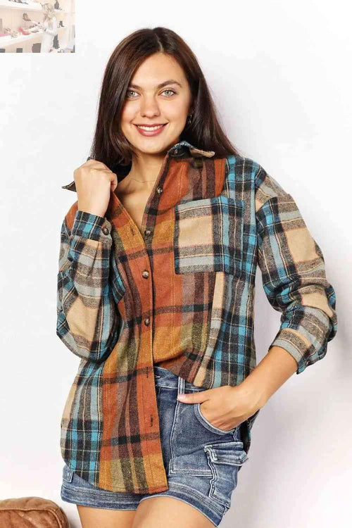 Customer styling 💕 Double Take Plaid Curved Hem Shirt Jacket with Breast Pockets 💕
