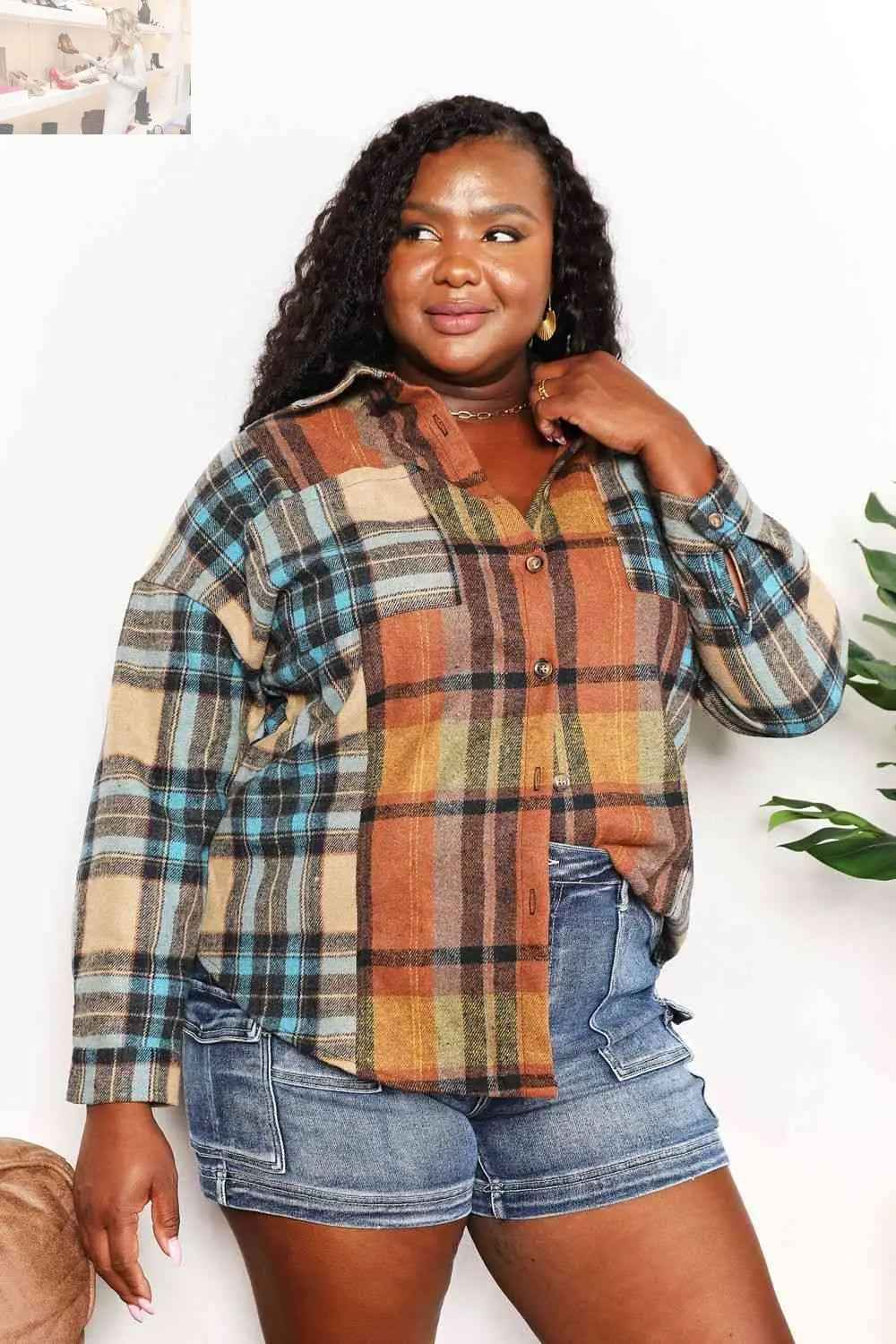 Double Take Plaid Curved Hem Shirt Jacket with Breast Pockets - MegaSuperStar