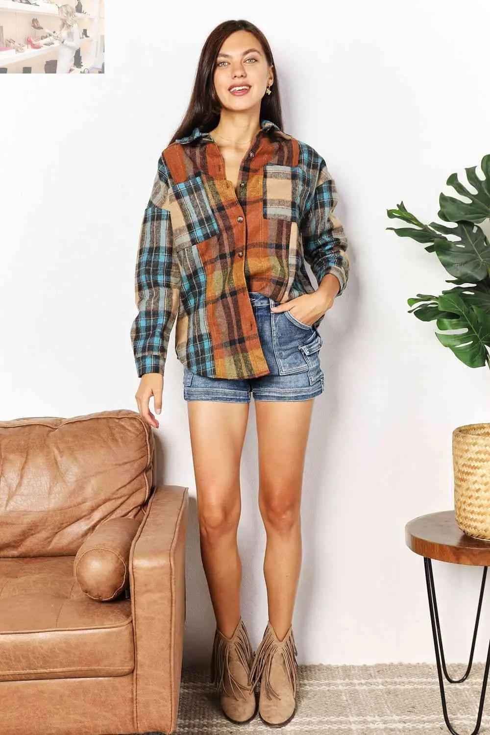 Double Take Plaid Curved Hem Shirt Jacket with Breast Pockets - MegaSuperStar