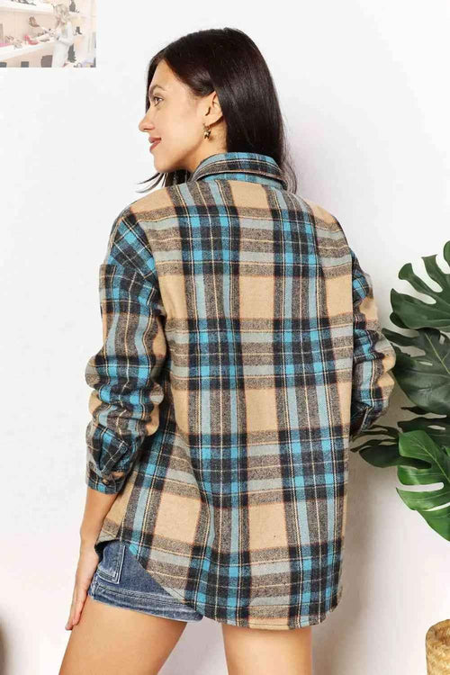Customer styling 💕 Double Take Plaid Curved Hem Shirt Jacket with Breast Pockets 💕