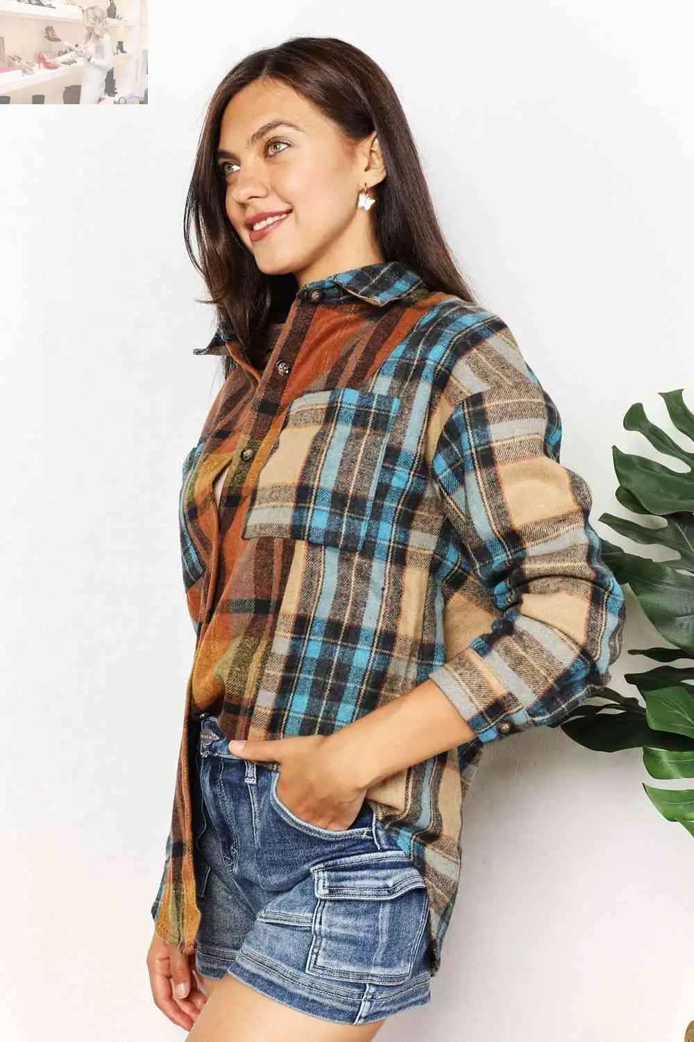 Double Take Plaid Curved Hem Shirt Jacket with Breast Pockets - MegaSuperStar