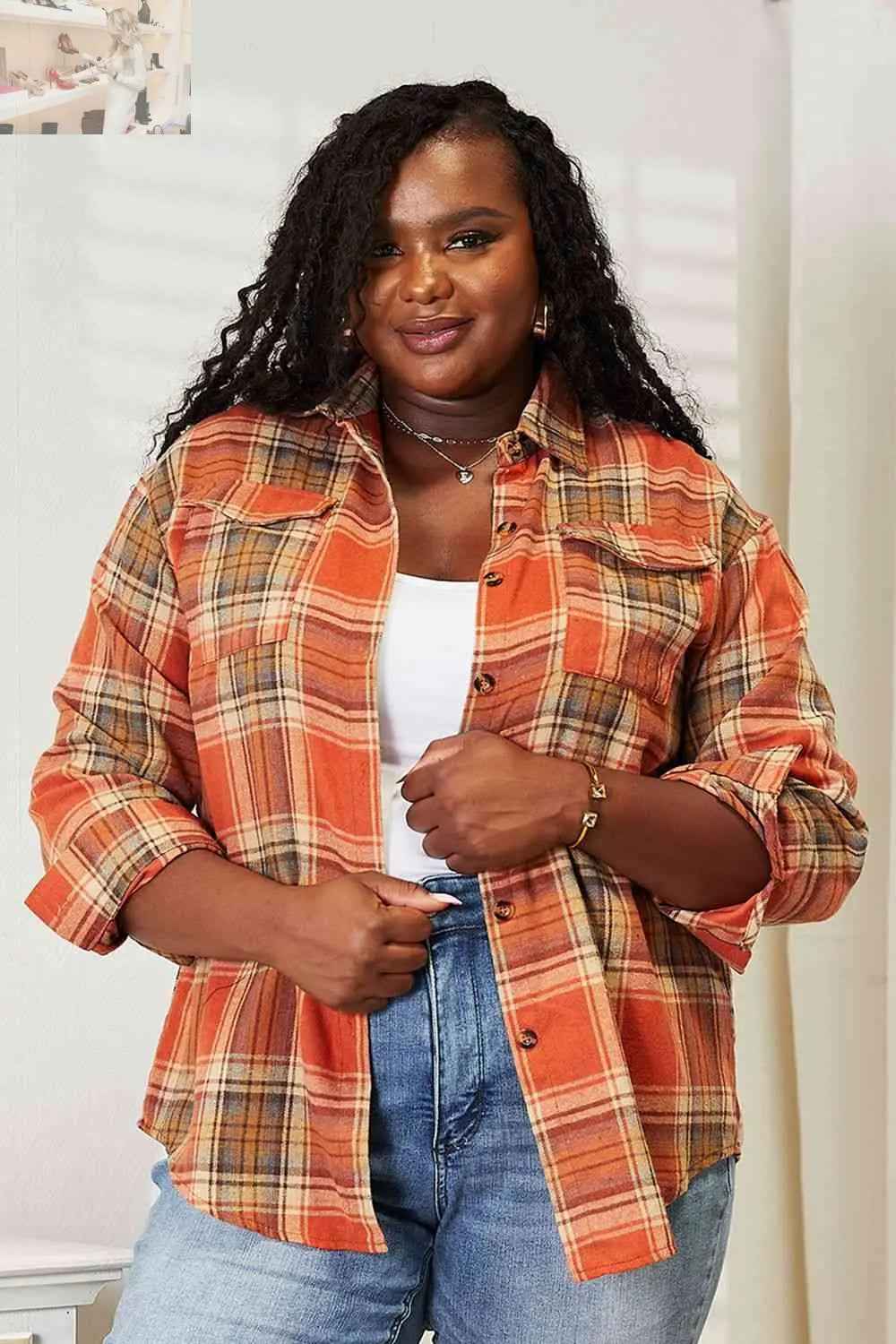 Double Take Plaid Dropped Shoulder Shirt - MegaSuperStar