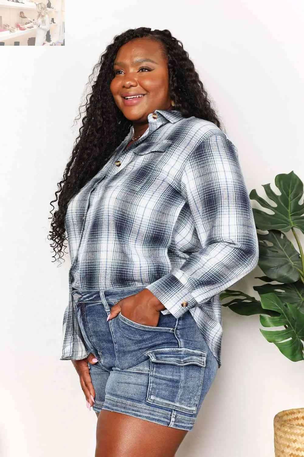 Double Take Plaid Dropped Shoulder Shirt - MegaSuperStar