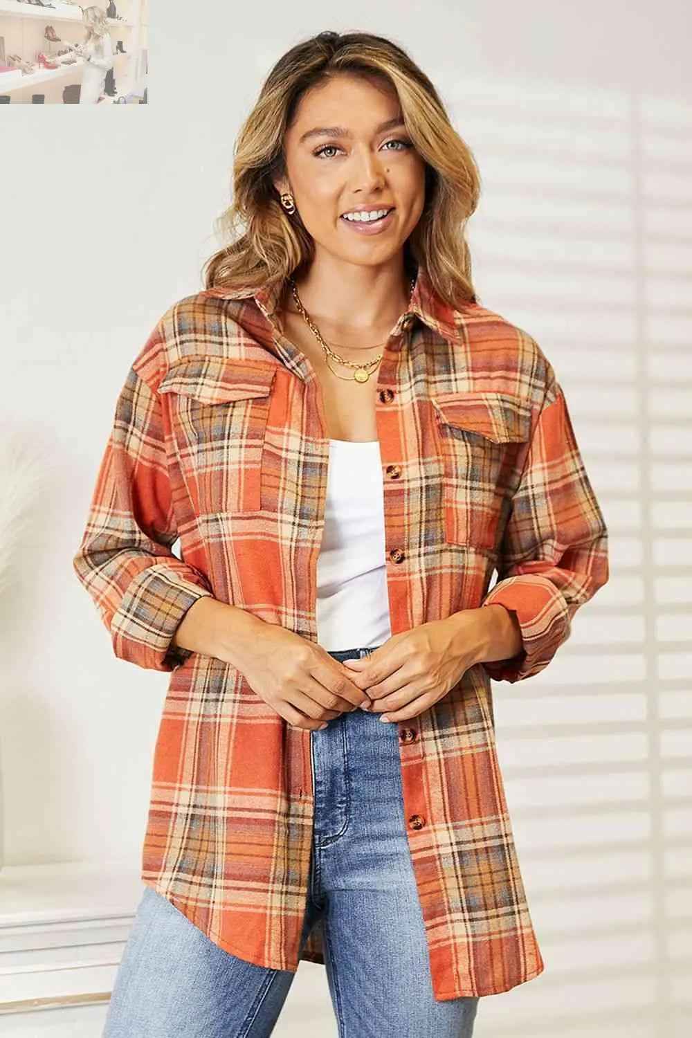 Double Take Plaid Dropped Shoulder Shirt - MegaSuperStar