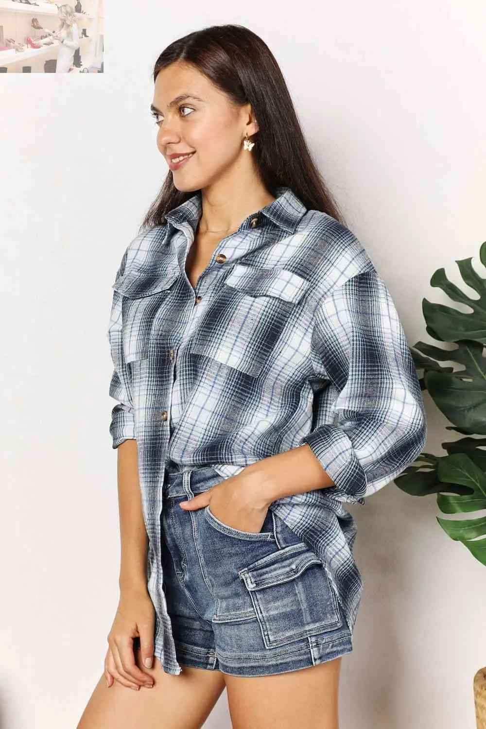 Double Take Plaid Dropped Shoulder Shirt - MegaSuperStar