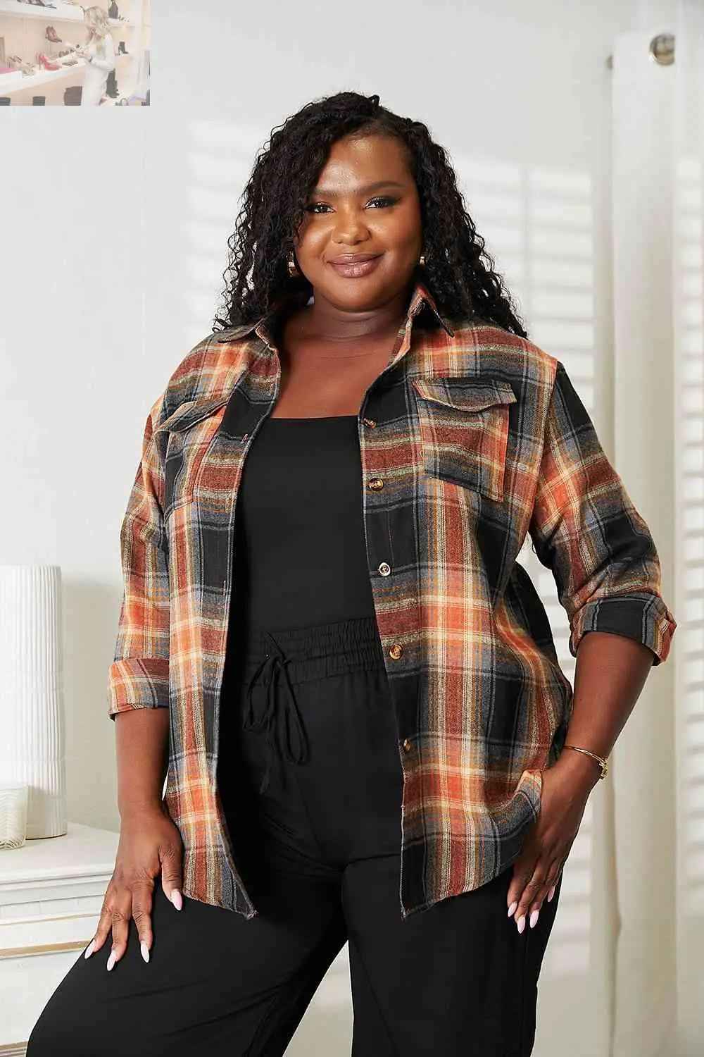 Double Take Plaid Dropped Shoulder Shirt - MegaSuperStar