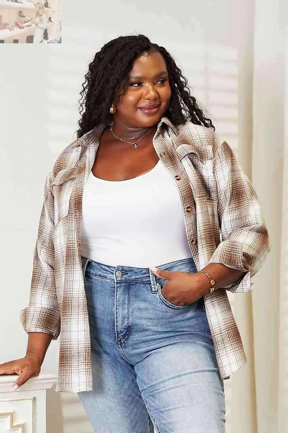 Double Take Plaid Dropped Shoulder Shirt - MegaSuperStar